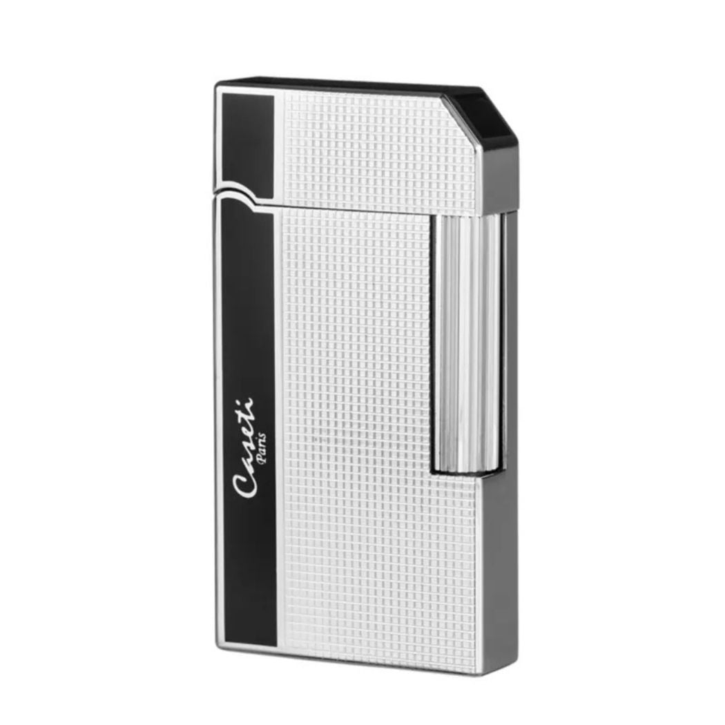 Caseti Rome Vuursteenaansteker – Chroom/Zwart schuinvoor