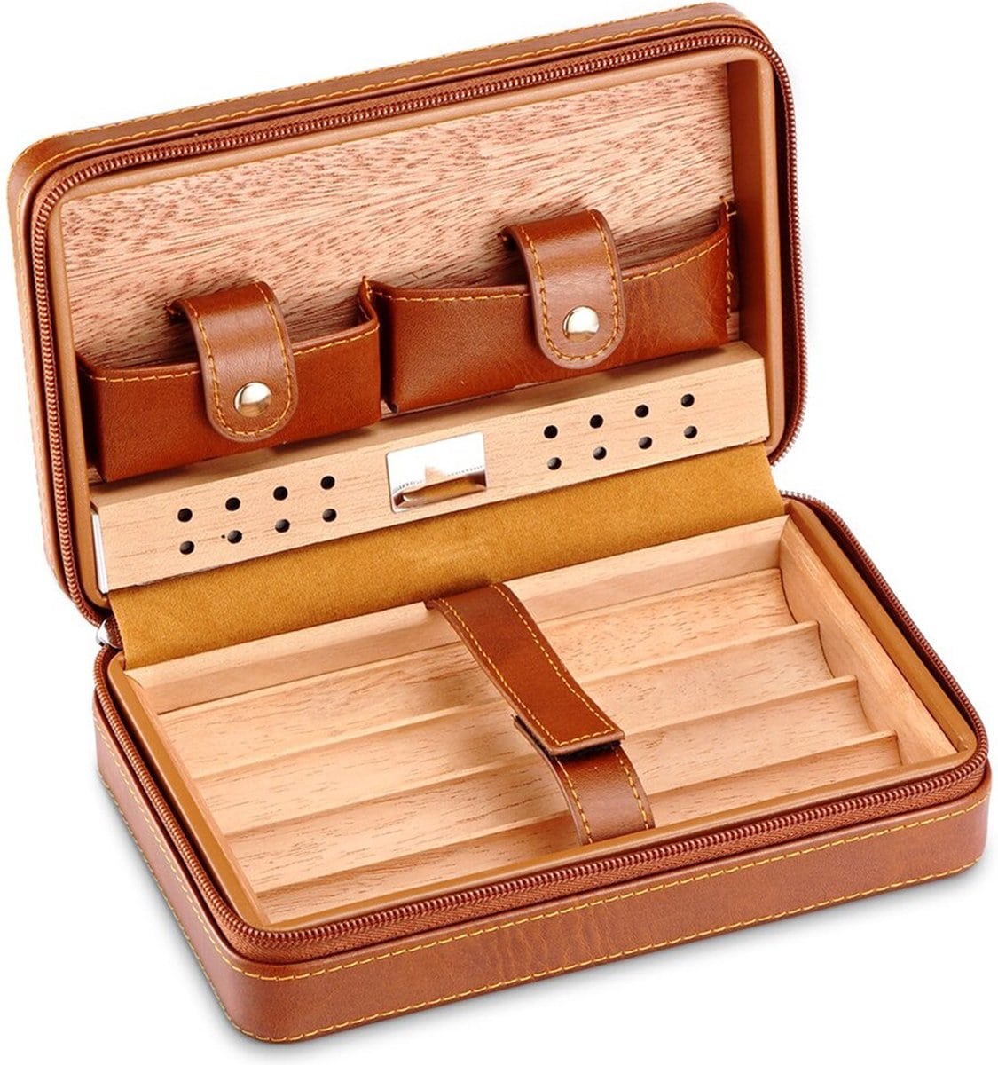 Bruine Leren Sigaren Reis Humidor schuin aanzicht