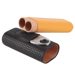 Premium Zwarte & Gele Leren Sigaren Reis Humidor met RVS Sigarenknipper - Ruimte voor 2 Sigaren