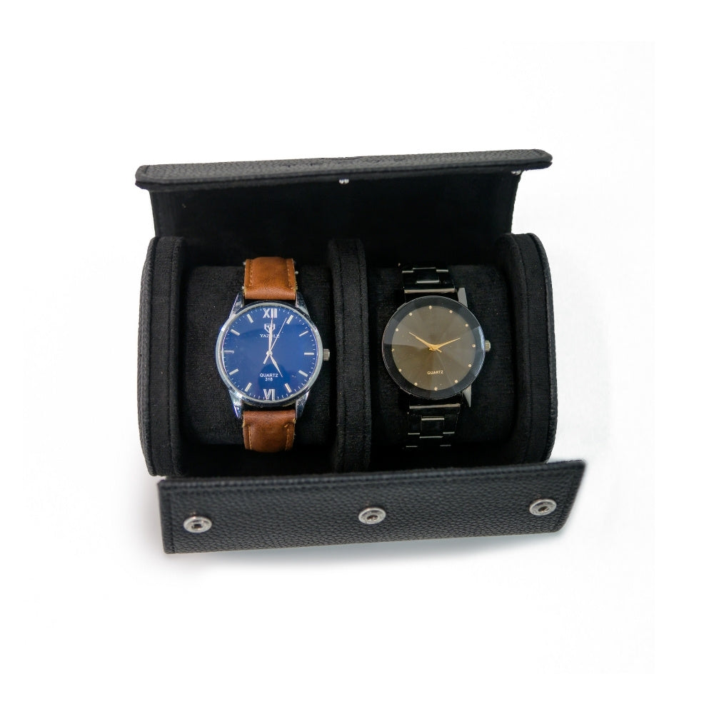 Trove Zwarte Leren Horlogekoker voor 2 Horloges open