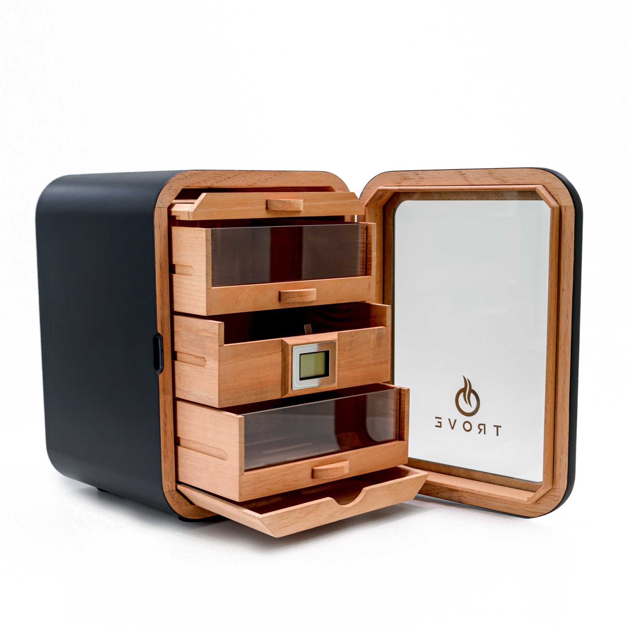 Trove sigaren humidor zwart panorama open laatjes