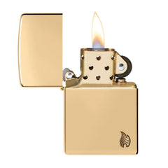 Zippo Armor Aansteker – Hoogglans messing open met vlam