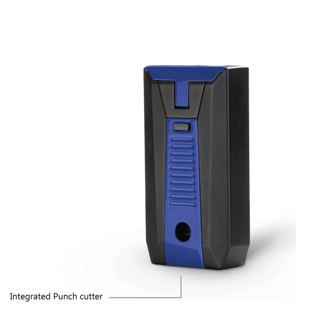  Ingebouwde sigarenboor van de Colibri Slide zwart met blauwe accenten.